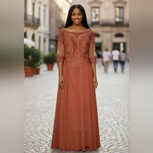 Elegant Long Sleeve Lace Dress in Brown Size 16